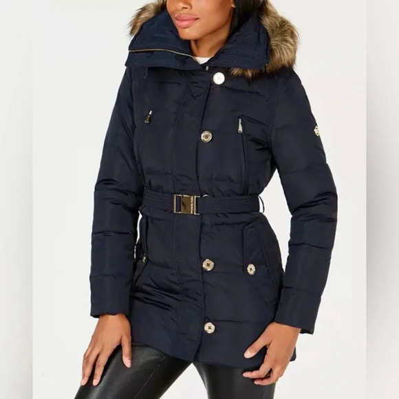 Michael Kors Longline Belted Puffer Coat Women’s XXS Navy Faux-Fur-Trim Jacket - Picture 1 of 16